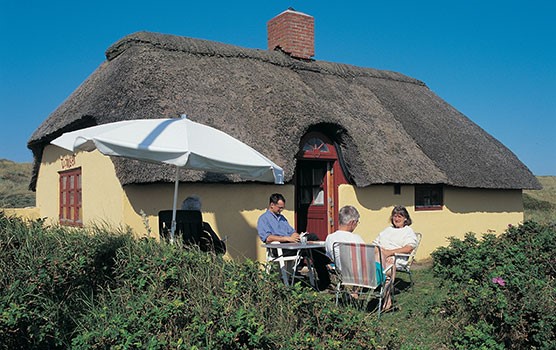 Familie ved sommerhus