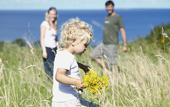 Far, mor og barn på eng ved strand