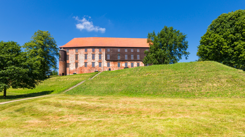 Koldinghus in Kolding met rood pannendak, rond torentje en gevel van baksteen en donker hout op een groene heuvel onder een blauwe lucht