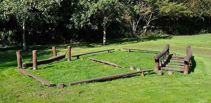 Børn samlet omkring et legeredskab på en naturlegeplads i skoven